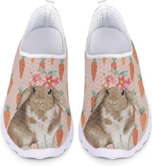 HUIACONG Easter Rabbit Women Slip-On Sneaker Flower Radish Female Running Shoes for Teen Girls Mesh Flat 8.5 Size Comfortable Trainer Lightweight Nonslip Loafers