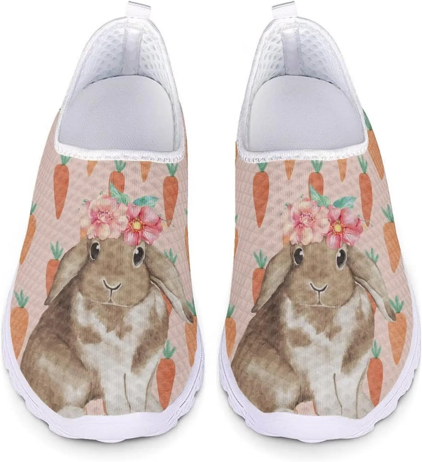 HUIACONG Easter Rabbit Women Slip-On Sneaker Flower Radish Female Running Shoes for Teen Girls Mesh Flat 8.5 Size Comfortable Trainer Lightweight Nonslip Loafers