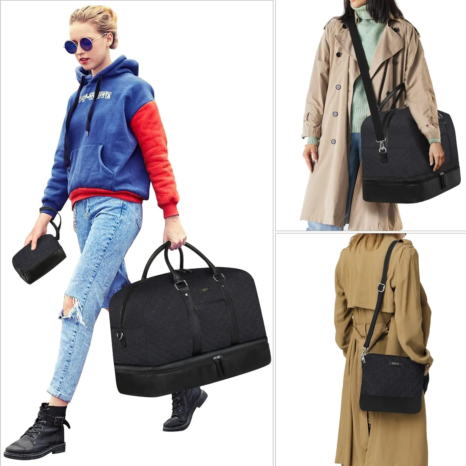 IBFUN Weekender Bags for Women, Large Overnight Bag Canvas Travel Duffel Bag Carry On Tote with Shoe Compartment 21" 3Pcs Set