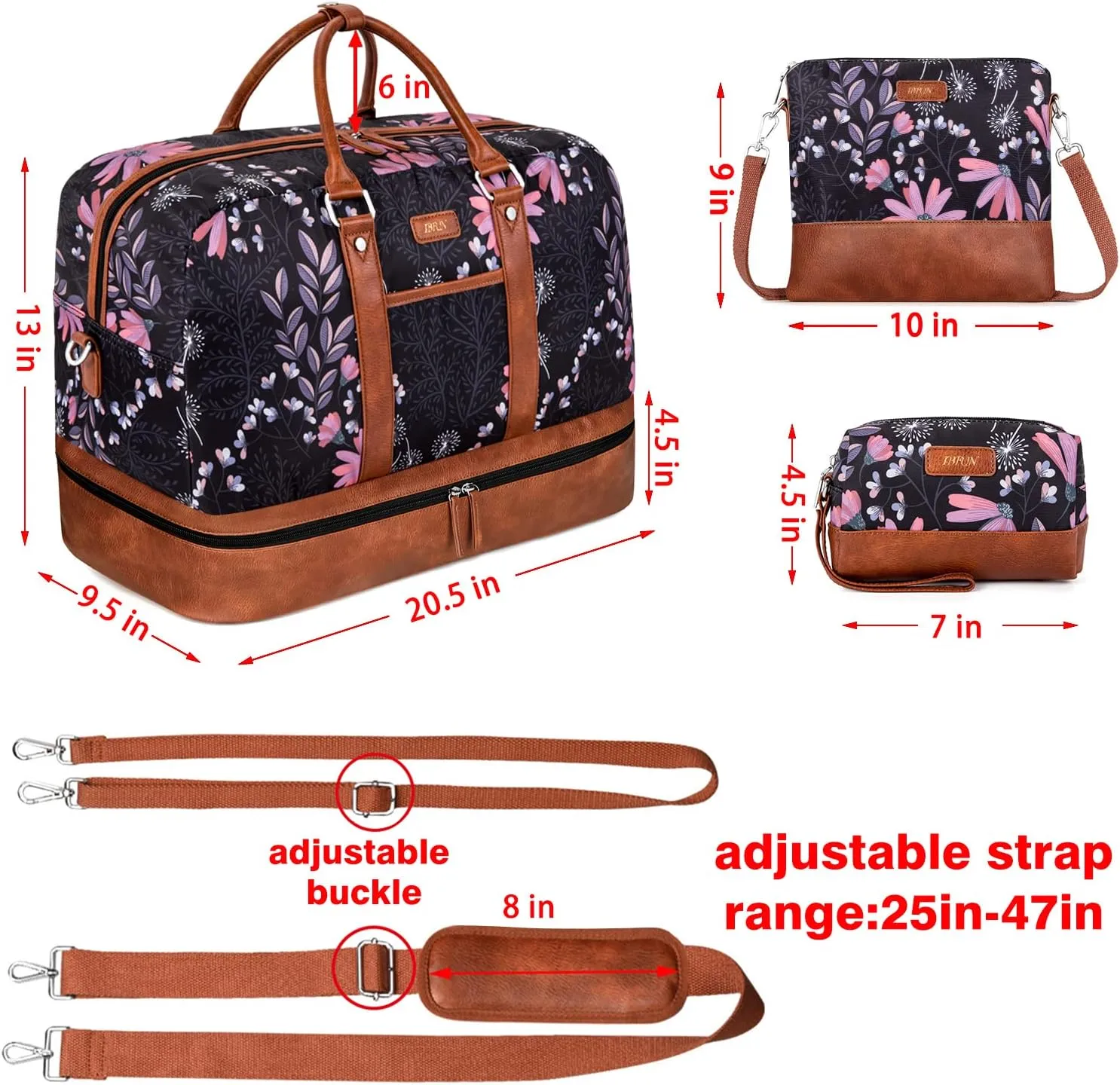 IBFUN Weekender Bags for Women, Large Overnight Bag Canvas Travel Duffel Bag Carry On Tote with Shoe Compartment 21" 3Pcs Set