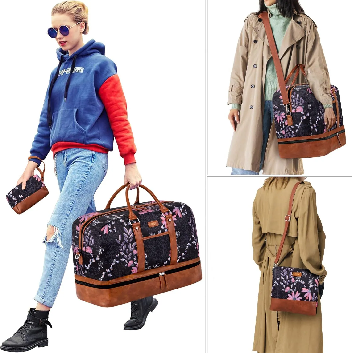 IBFUN Weekender Bags for Women, Large Overnight Bag Canvas Travel Duffel Bag Carry On Tote with Shoe Compartment 21" 3Pcs Set
