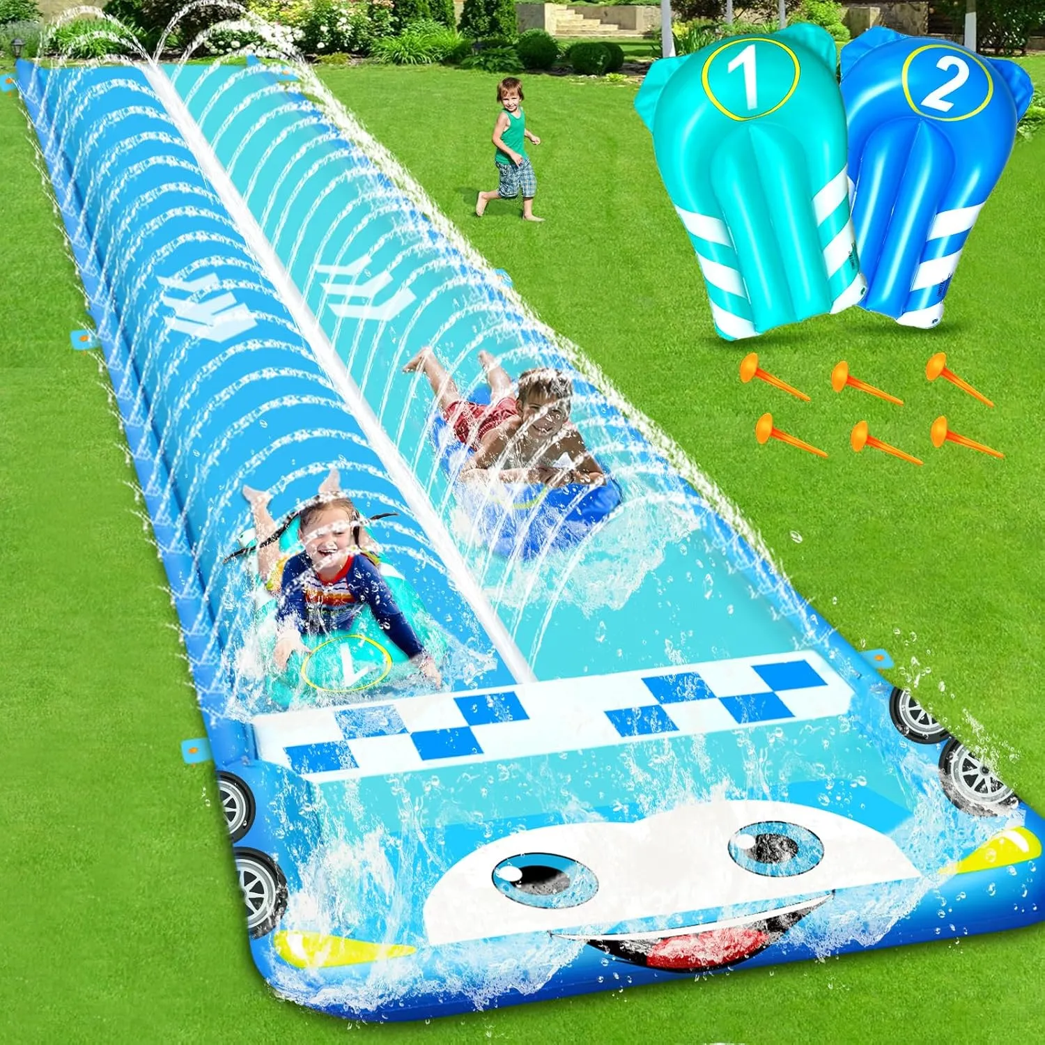 iGeeKid 33.3FT Extra Long Water Slide for Kids, Race Car Double Lane Lawn Slip WaterSlides with 2 Bodyboards, Safety Fence, Heavy-Duty Outdoor Water Slides for Adults Backyard Sprinkler Summer Toy