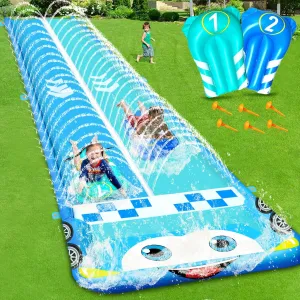 iGeeKid 33.3FT Extra Long Water Slide for Kids, Race Car Double Lane Lawn Slip WaterSlides with 2 Bodyboards, Safety Fence, Heavy-Duty Outdoor Water Slides for Adults Backyard Sprinkler Summer Toy