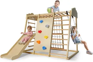 Indoor Playground 8-in-1 Wooden Jungle Gym Large Kids Play Gym Climbing Toys with Swing, Slide with Preperation Zone, Monkey Bars, Climbing Rocks, Rope Wall, Ladders