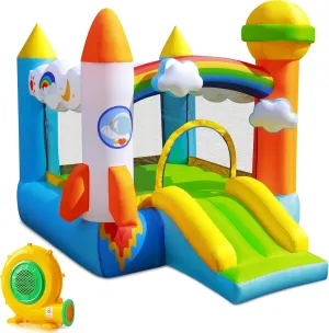 Inflatable Bounce House - Bouncer with Air Blower for Indoor & Outdoor, Jumping Bouncy Castle with Slide and Basketball Hoop for Kids 3-6, Bouncing House with Storage Bag and Repair Patches