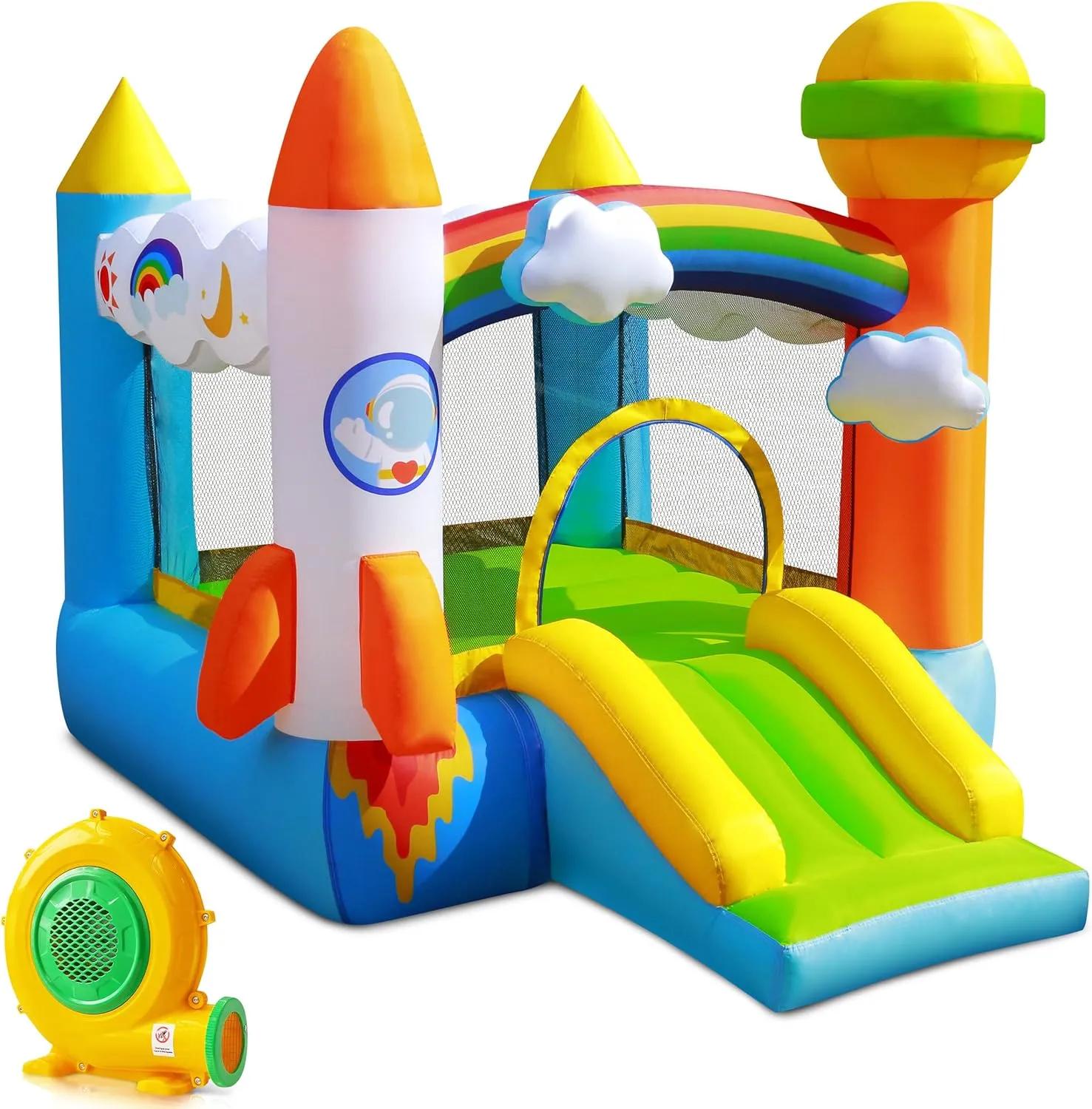 Inflatable Bounce House - Bouncer with Air Blower for Indoor & Outdoor, Jumping Bouncy Castle with Slide and Basketball Hoop for Kids 3-6, Bouncing House with Storage Bag and Repair Patches