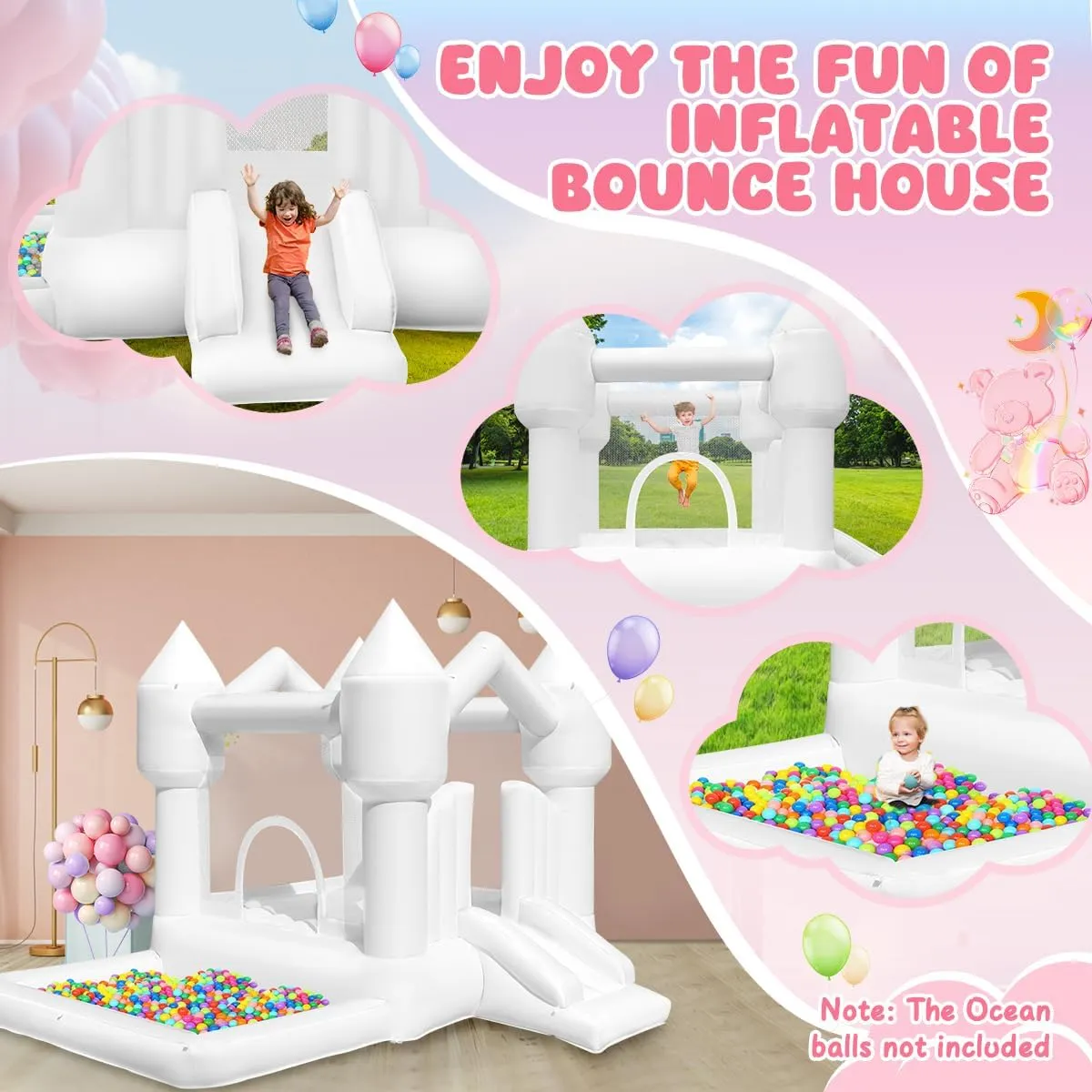 Inflatable Bounce House for Kids, White Bounce House with Slide, Jumping Bouncy Castle for Kids Birthday Party, Wedding, Backyard Indoor/Outdoor White (with Blower)