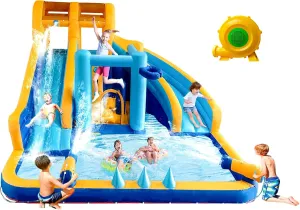 Inflatable Double Water Slide for Kids 3-10, 13.1x13.1x7.6 FT Bounce House Water Park with Long Dual Slides, Large Splash Pool, Climbing Wall, Water Cannons, Boxing Game
