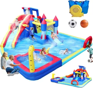 Inflatable Water Slide, 19x17x8 Ft 10 in 1 Water Park Bounce House with 650W Blower, Dual Splash Pool, Water Cannon, Basketball & Soccer, Water Slides Bouncy Castle for 3-10 Kids Outdoor Backyard