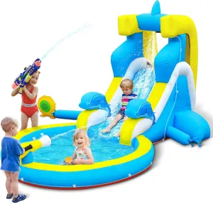 Inflatable Water Slide: 4 in 1 Bounce House Water Park Dolphin Style for Kids - Climbing Wall Splash Pool Water Cannon - 370W Blower - Wet & Dry Indoor Outdoor Backyard Birthday Party