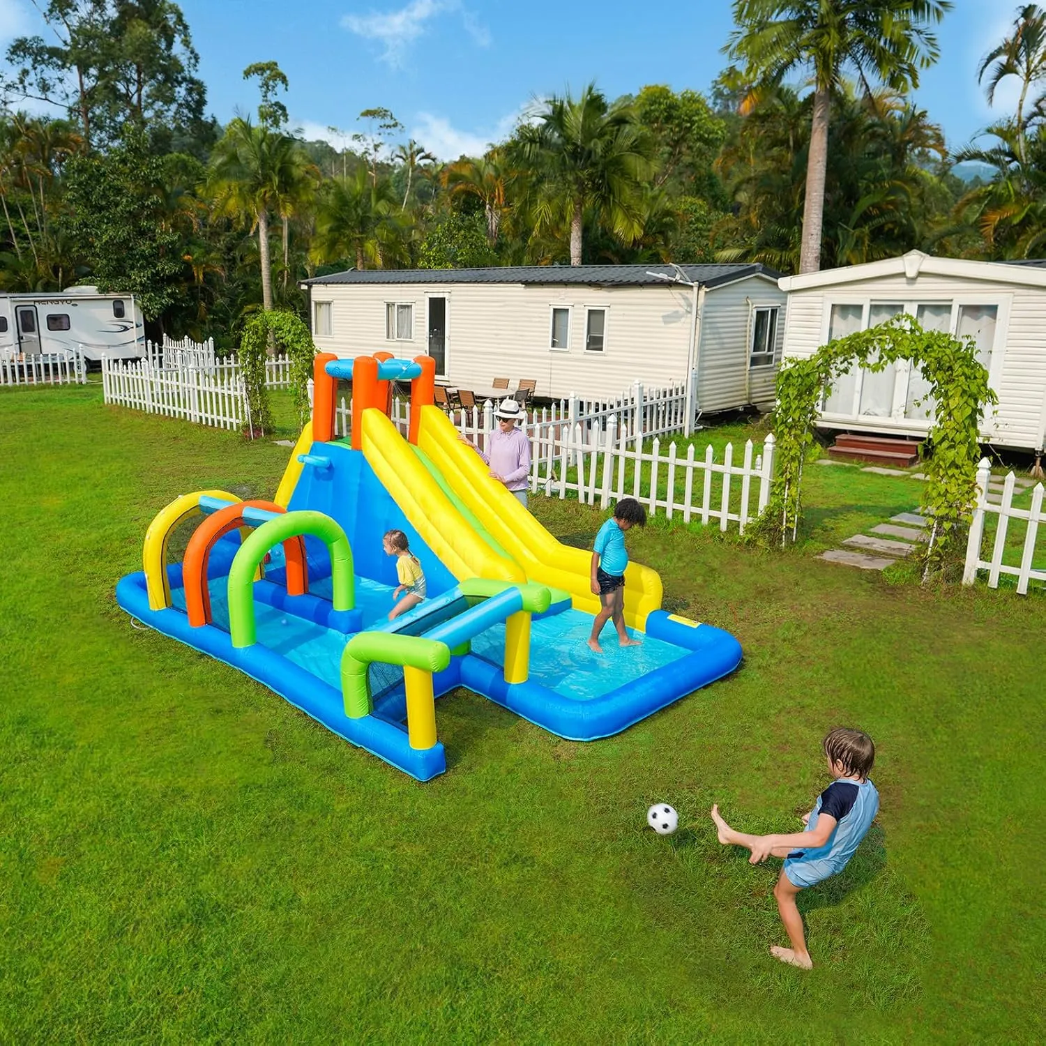 Inflatable Water Slide, Bounce House for Kids Outdoor, Inflatable Water Park with Tunnel, 7 in 1 Bouncy House with Blower for Party Birthday
