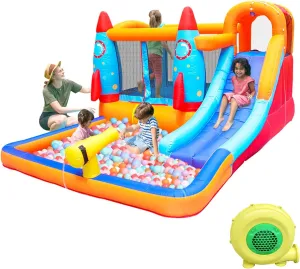 Inflatable Water Slide - Bounce House for Kids,Bouncy Castle for Kids Outdoor,Water Bounce House with Slide,Inflatable Water Park,Rocket Bounce House with Blower