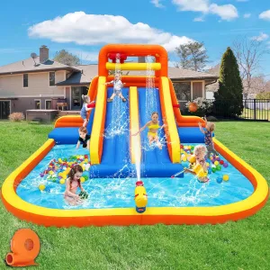Inflatable Water Slide, Mega Bounce House Water Park with Long Dual Slide, 2 Climbing Walls, 2 Basketball Hoops, Large Splash Pool, 15.6 x 15 x 8.7FT Blow up WaterSlides with Blower