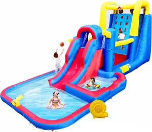 Inflatable Water Slide Park with Large Climbing Wall, Dual Target, Deep Pool and Basketball Rock, Bounce House with Air Blower