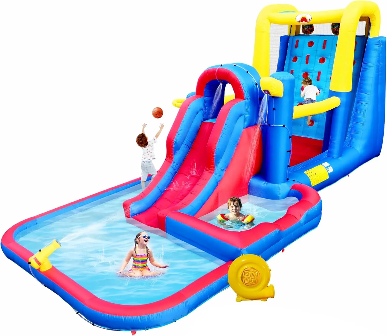 Inflatable Water Slide Park with Large Climbing Wall, Dual Target, Deep Pool and Basketball Rock, Bounce House with Air Blower