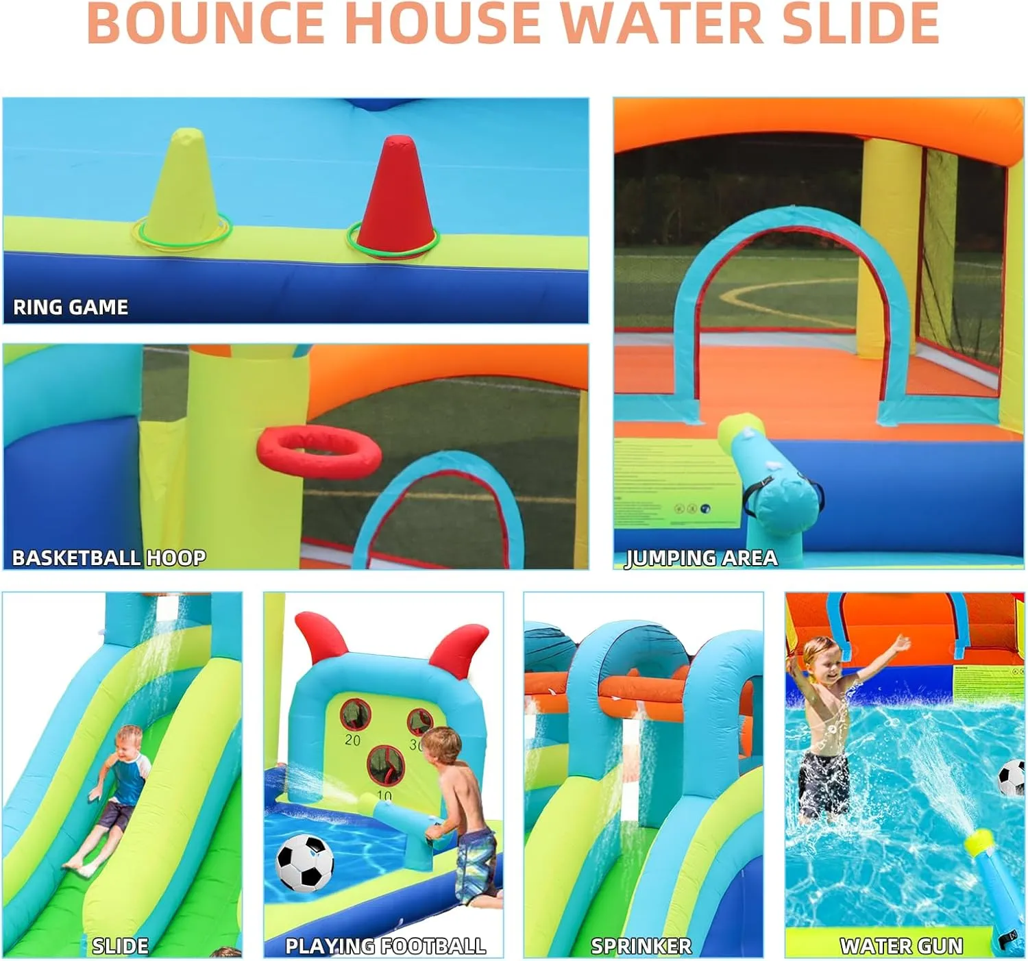 Inflatable Water Slide Park with Splash Pool for Kids,Climbing Wall,Bounce House with Ball Shooting,Kids Bouncy Castle with Air Blower for Outdoor Backyard