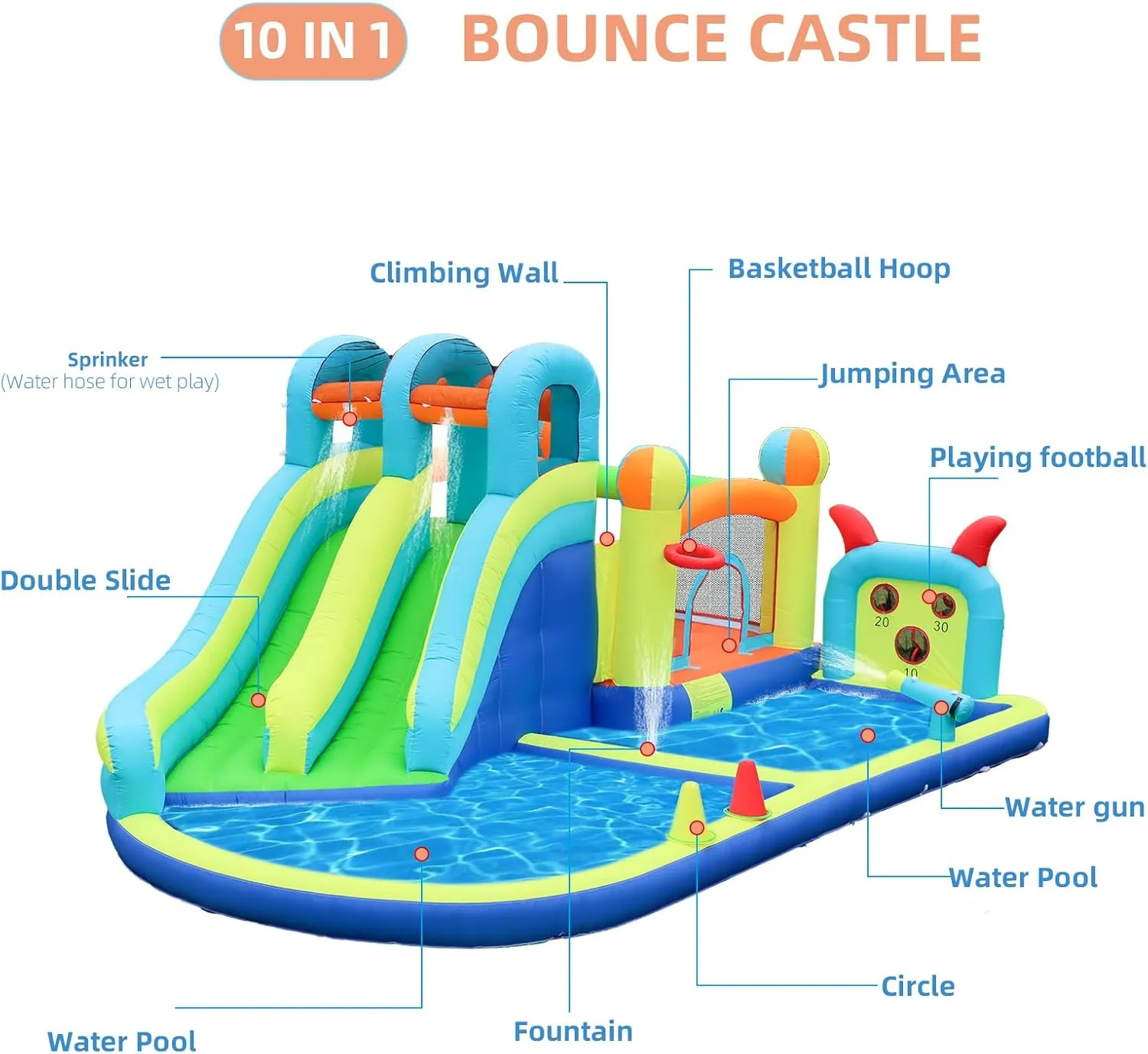 Inflatable Water Slide Park with Splash Pool for Kids,Climbing Wall,Bounce House with Ball Shooting,Kids Bouncy Castle with Air Blower for Outdoor Backyard