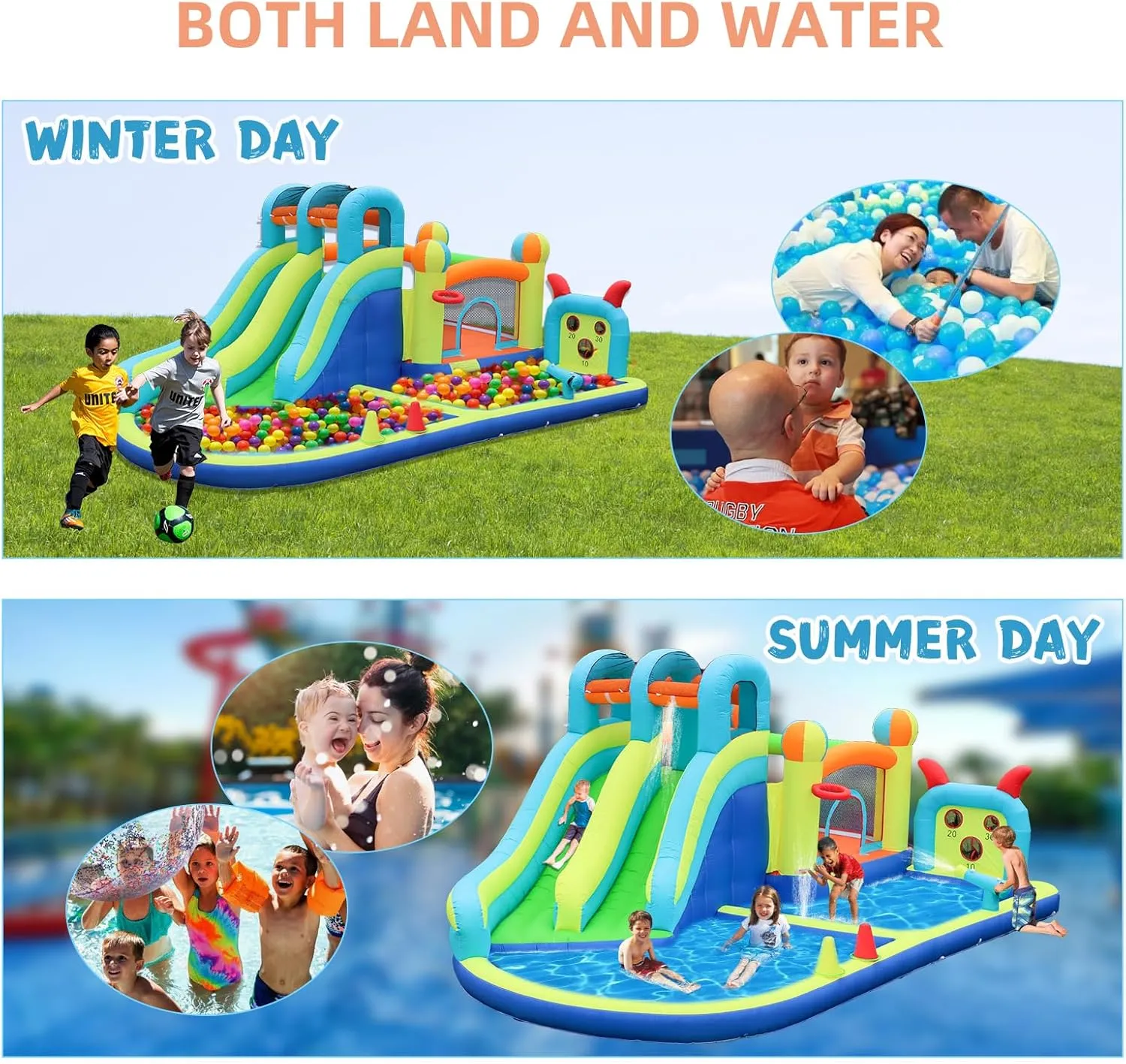 Inflatable Water Slide Park with Splash Pool for Kids,Climbing Wall,Bounce House with Ball Shooting,Kids Bouncy Castle with Air Blower for Outdoor Backyard