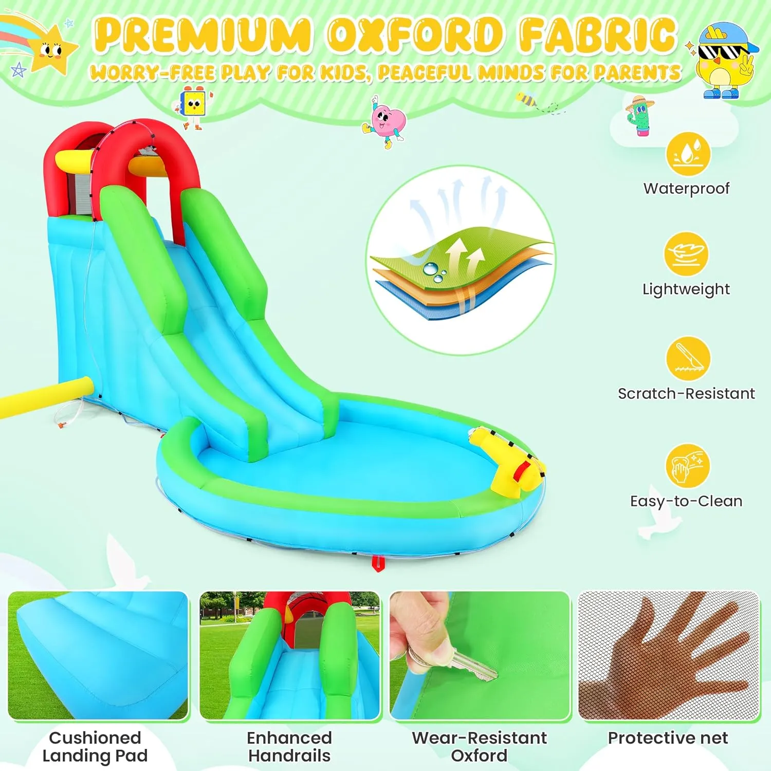 Inflatable Water Slide with Blower, 13x8.3x7.1 FT Blow Up Water Slide for Kids, 5-in-1 Compact WaterPark w/Long Slide, Water Cannon, Climbing Wall & Splash Pool for Backyard Outdoor Fun
