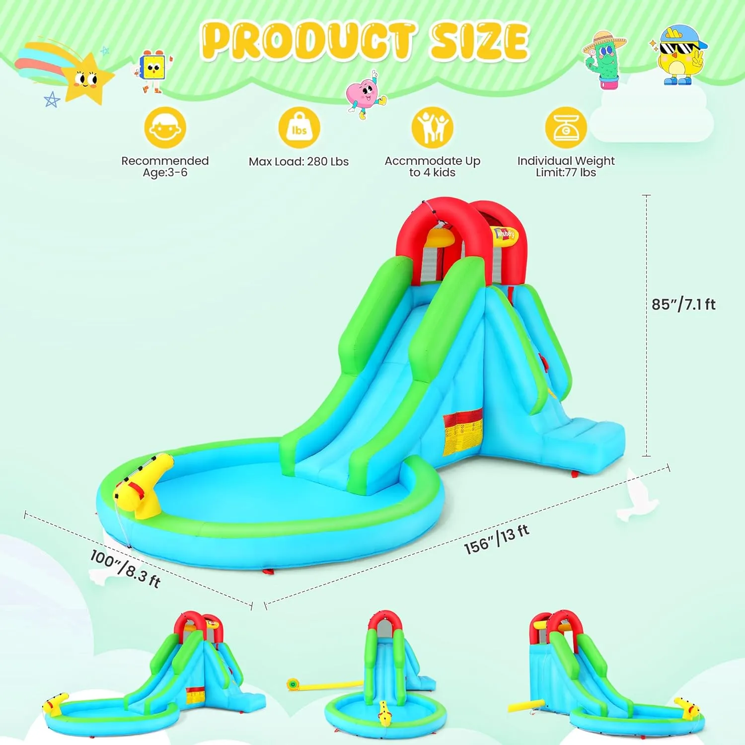 Inflatable Water Slide with Blower, 13x8.3x7.1 FT Blow Up Water Slide for Kids, 5-in-1 Compact WaterPark w/Long Slide, Water Cannon, Climbing Wall & Splash Pool for Backyard Outdoor Fun