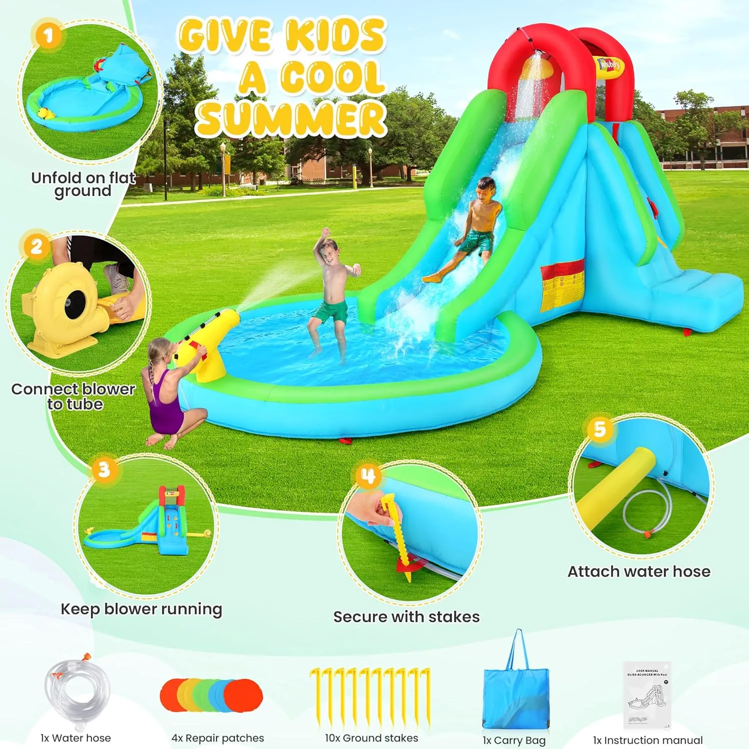 Inflatable Water Slide with Blower, 13x8.3x7.1 FT Blow Up Water Slide for Kids, 5-in-1 Compact WaterPark w/Long Slide, Water Cannon, Climbing Wall & Splash Pool for Backyard Outdoor Fun