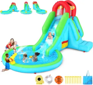Inflatable Water Slide with Blower, 13x8.3x7.1 FT Blow Up Water Slide for Kids, 5-in-1 Compact WaterPark w/Long Slide, Water Cannon, Climbing Wall & Splash Pool for Backyard Outdoor Fun