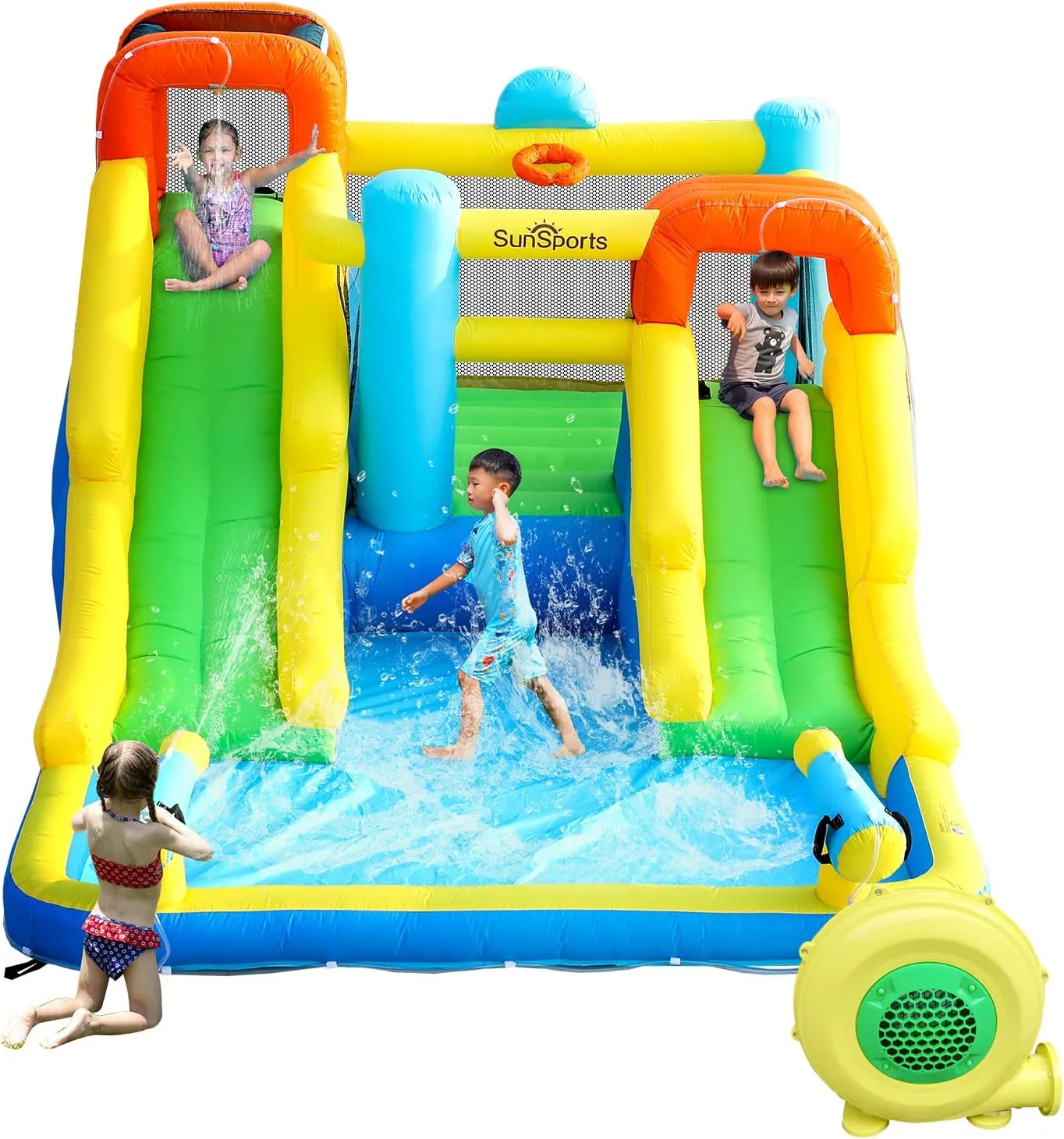 Inflatable Water Slide,Bouncy Castle for Kids Outdoor,7 in 1 Dual Waterslide Bounce House with Water Cannon,Inflatable Water Park with Jump House,Water Slides for Kids Backyard Party
