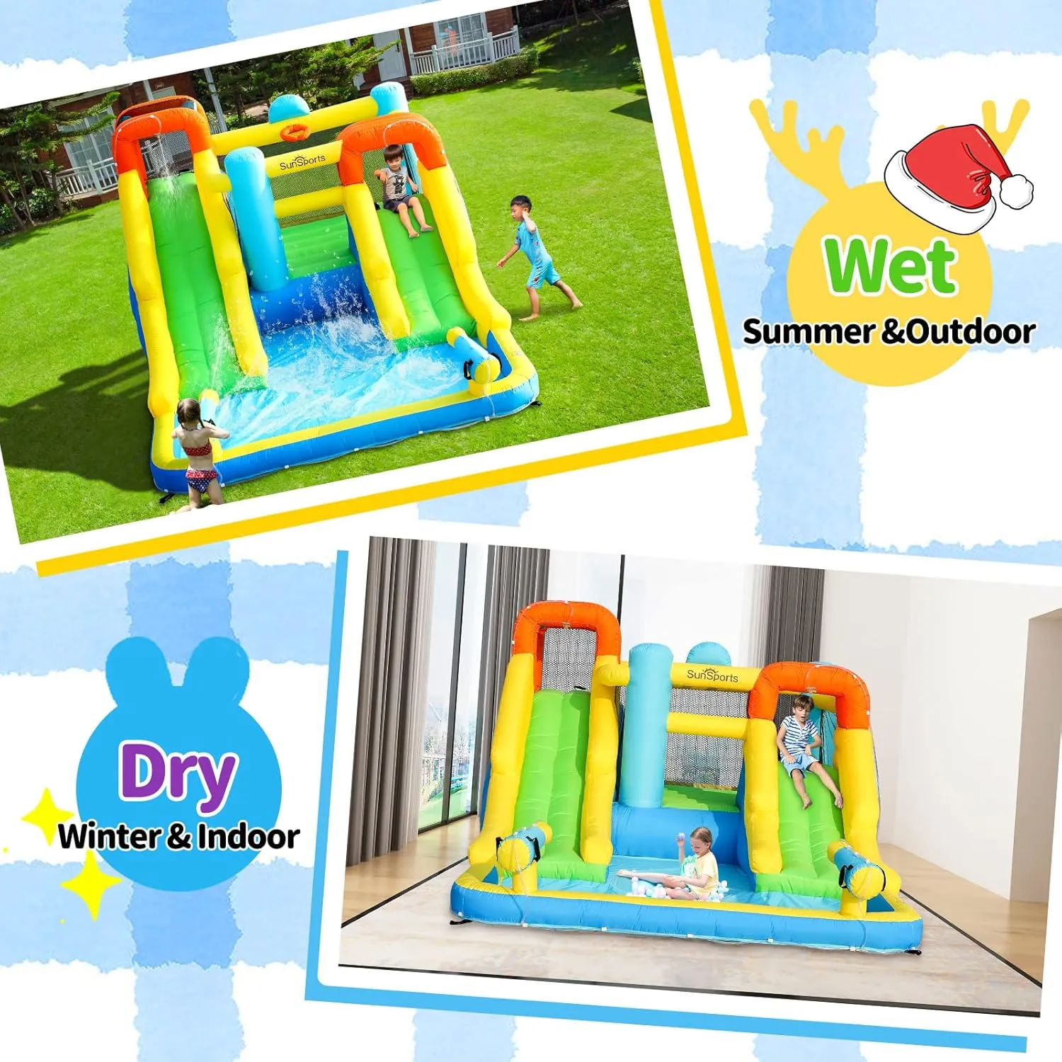 Inflatable Water Slide,Bouncy Castle for Kids Outdoor,7 in 1 Dual Waterslide Bounce House with Water Cannon,Inflatable Water Park with Jump House,Water Slides for Kids Backyard Party