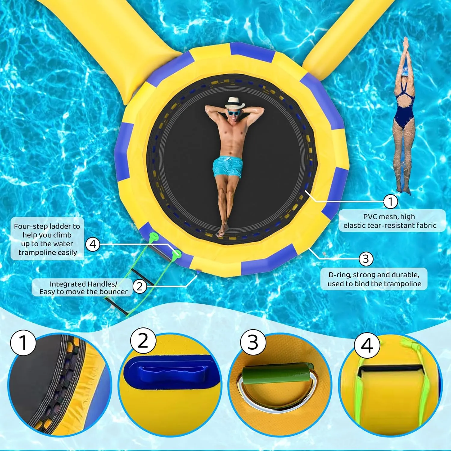 Inflatable Water Trampoline for Lake Pool Ocean 10Ft 13Ft 16Ft, Floating Water Trampoline for Adults with Slide Tube and Diving Pillow Bag Inflatable Bounce Swimming Platform Park