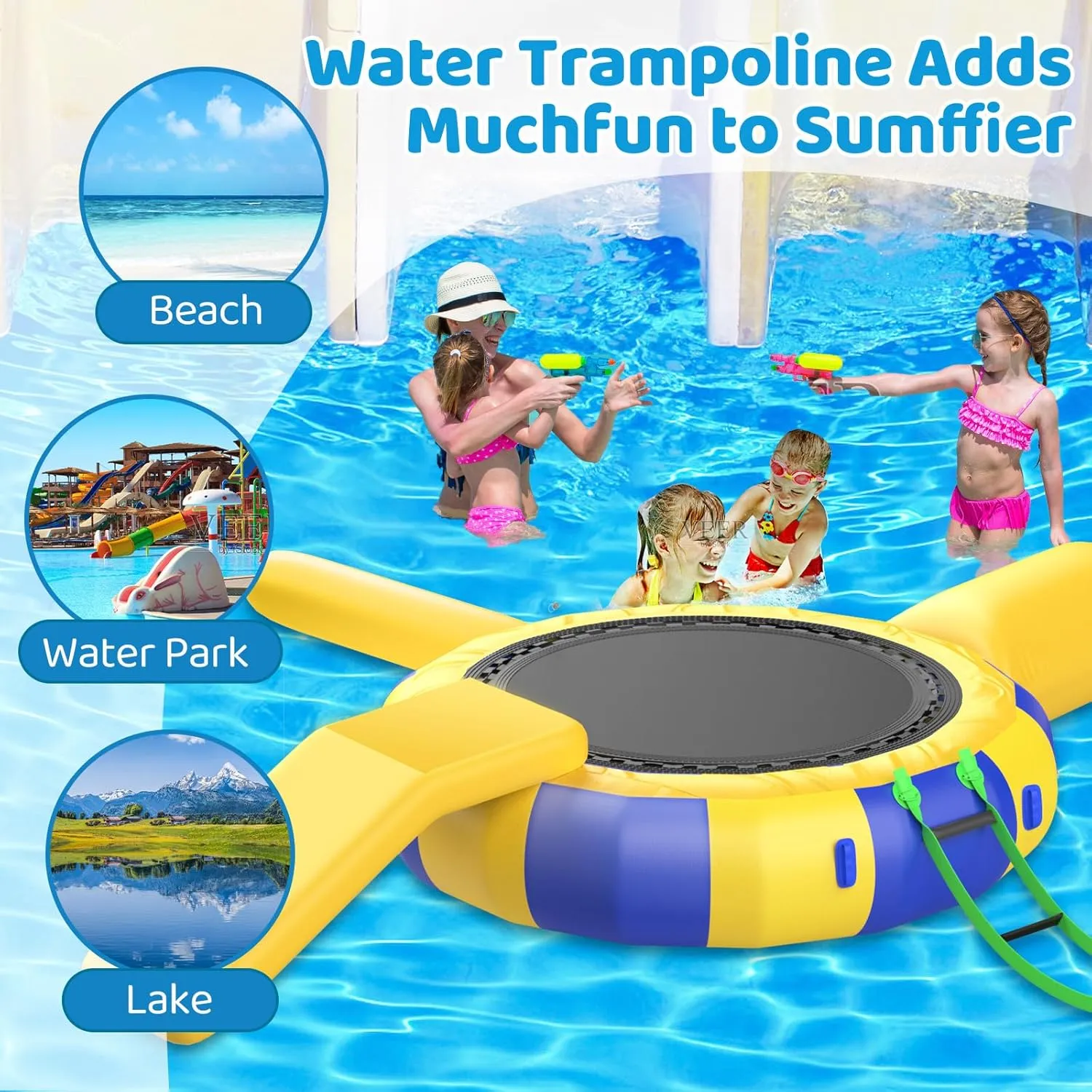 Inflatable Water Trampoline for Lake Pool Ocean 10Ft 13Ft 16Ft, Floating Water Trampoline for Adults with Slide Tube and Diving Pillow Bag Inflatable Bounce Swimming Platform Park