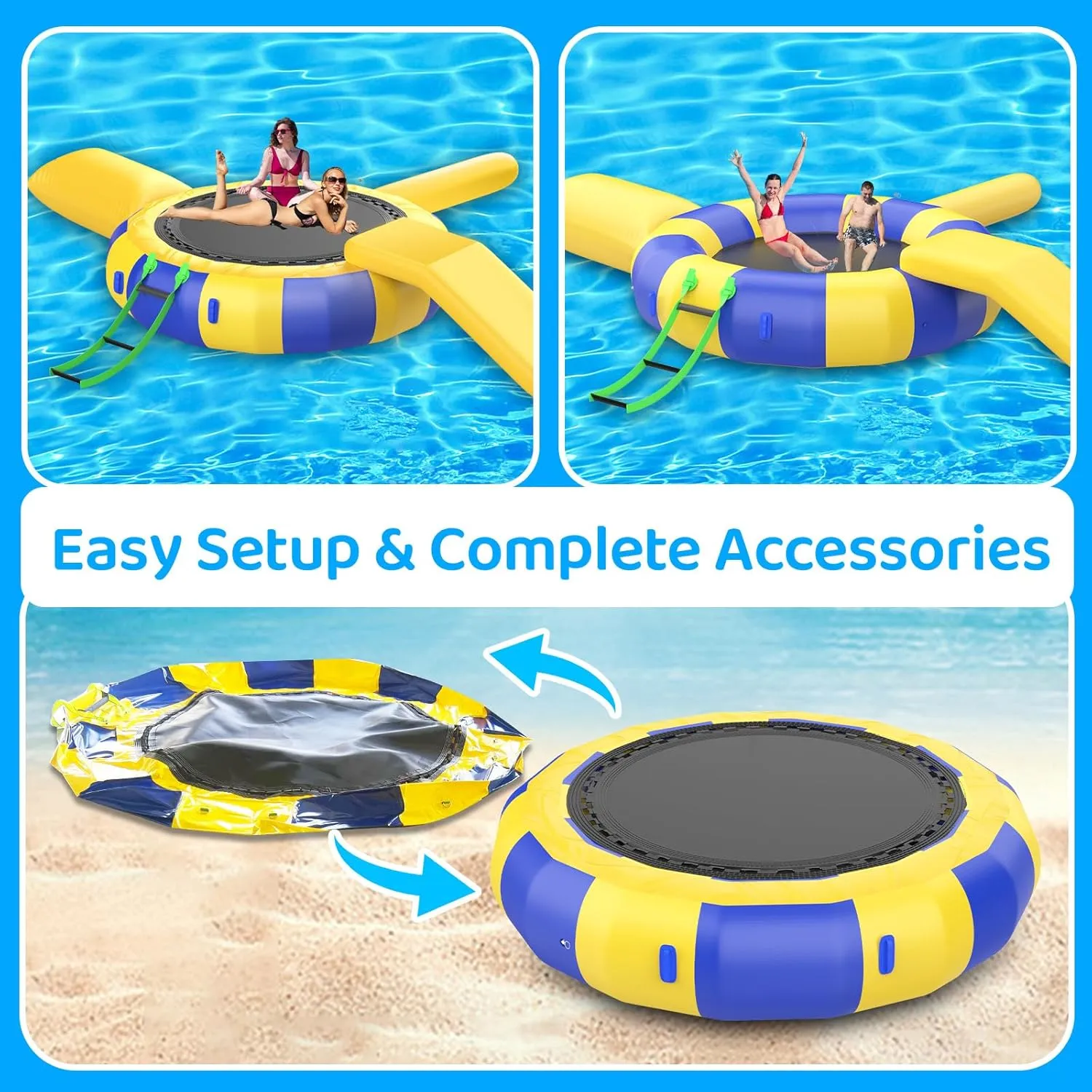 Inflatable Water Trampoline for Lake Pool Ocean 10Ft 13Ft 16Ft, Floating Water Trampoline for Adults with Slide Tube and Diving Pillow Bag Inflatable Bounce Swimming Platform Park