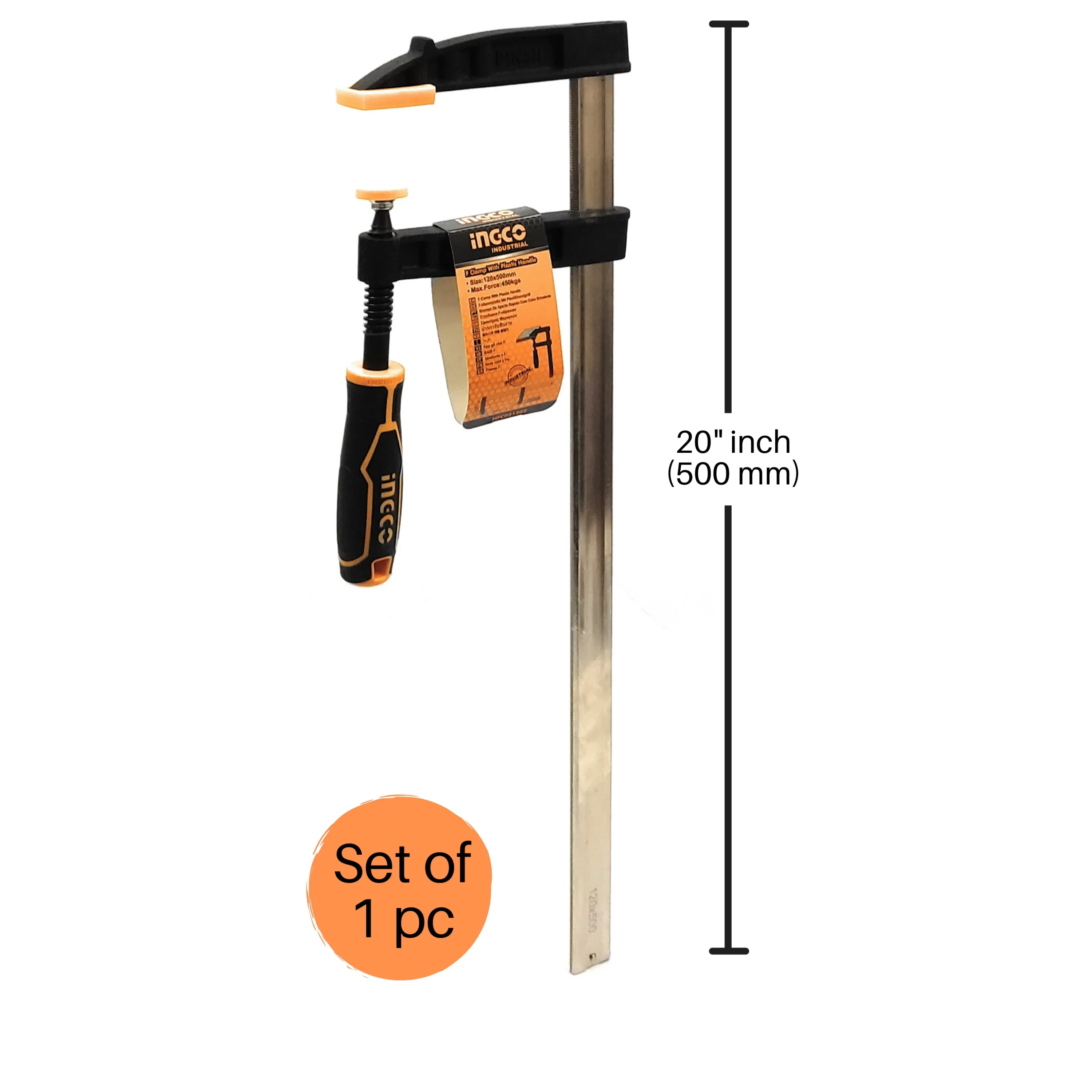 Ingco 20 inch Steel f clamp 500 mm x 120 F Clamp with Rubberized Handle and Surface Protection PVC Cover for Better Grip Metal F Clamps for Woodworking Glass and Welding Works.
