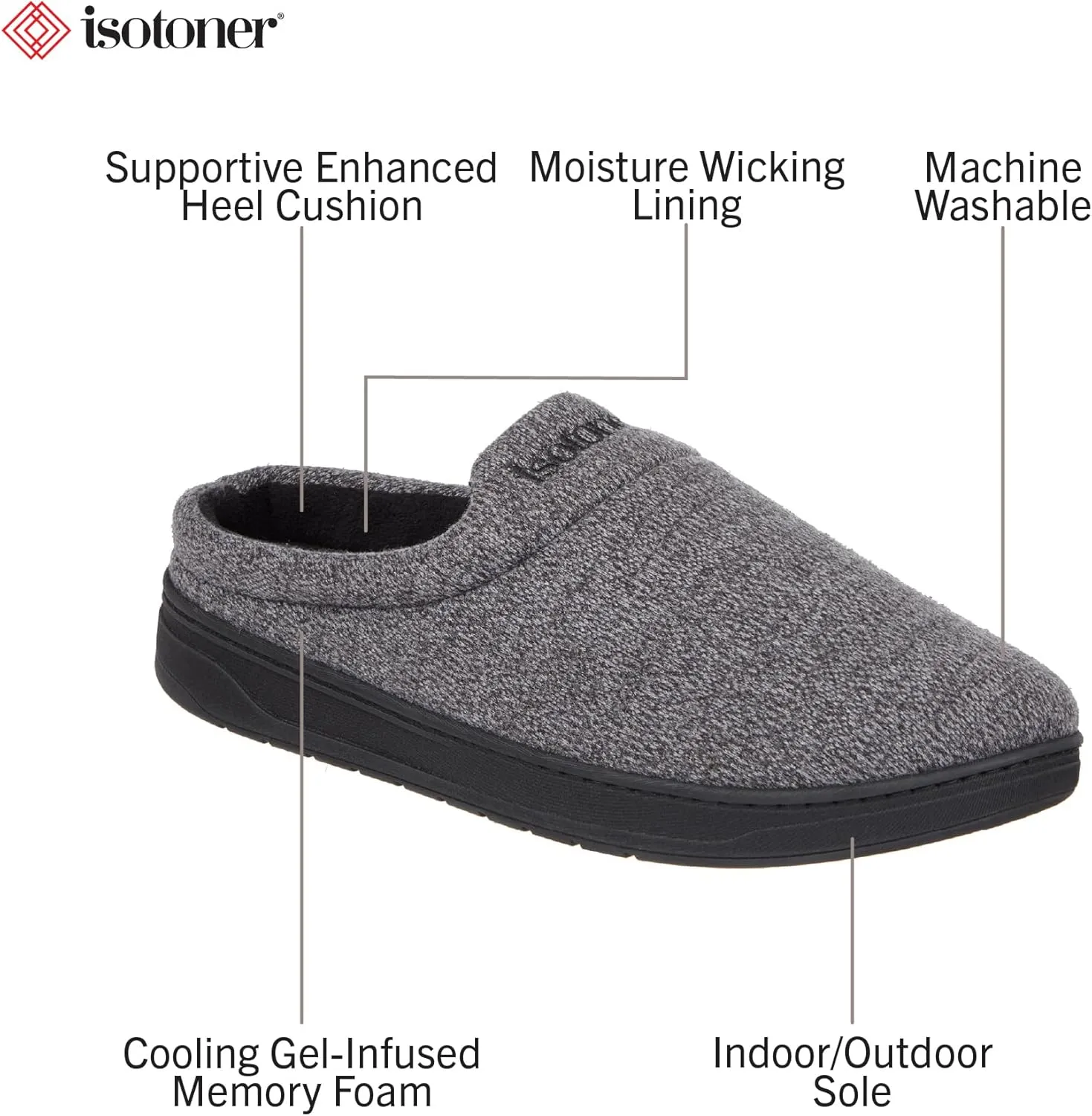isotoner Men's Heathered Knit Brady Clog Slipper, Memory Foam, Enhanced Heel Cushion, Indoor/Outdoor Outsole