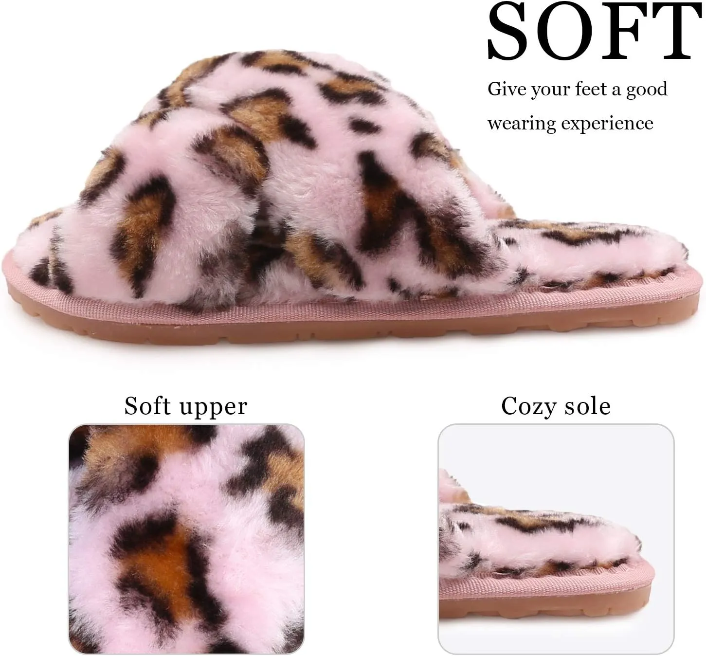 ISZPLUSH Women's Leopard Fuzzy Slippers - Soft Plush Fluffy Slip-On Slides for Home & Bedroom