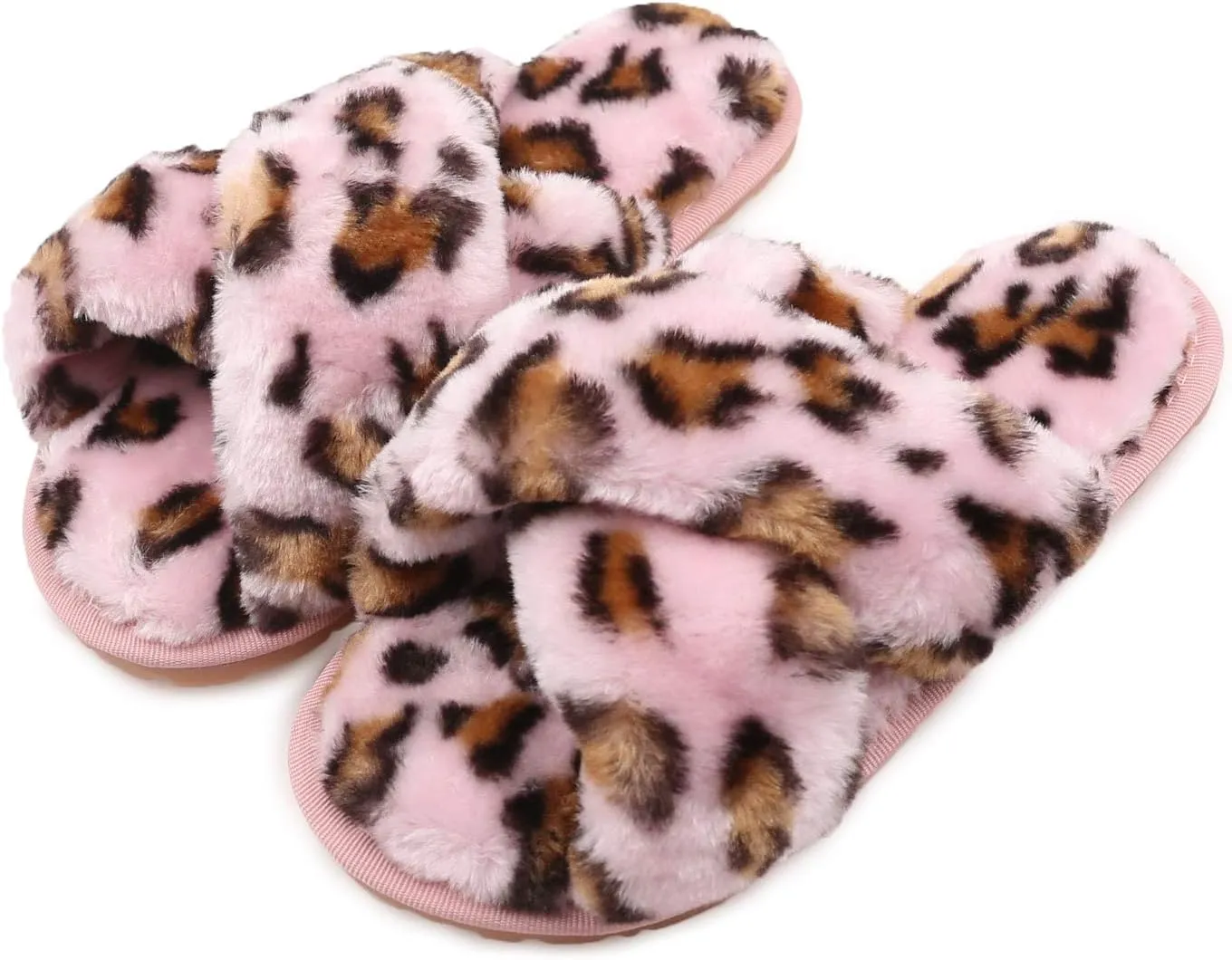 ISZPLUSH Women's Leopard Fuzzy Slippers - Soft Plush Fluffy Slip-On Slides for Home & Bedroom