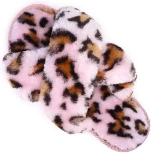 ISZPLUSH Women's Leopard Fuzzy Slippers - Soft Plush Fluffy Slip-On Slides for Home & Bedroom