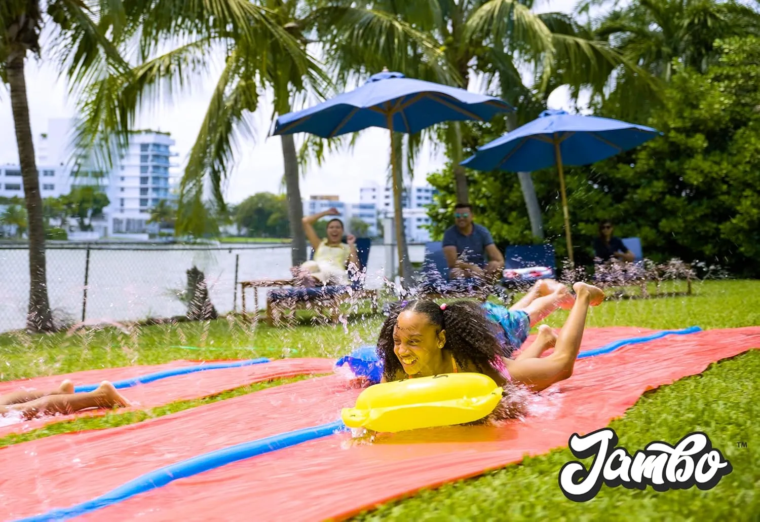 JAMBO 32FT Extra Extra Long Slip Splash and Slide and 2 Bodyboards, Heavy Duty Water Slide with Inflatable Crash Pad, Double Lane Slip Slides, Outdoor Backyard Water Slides n Toys for Kids