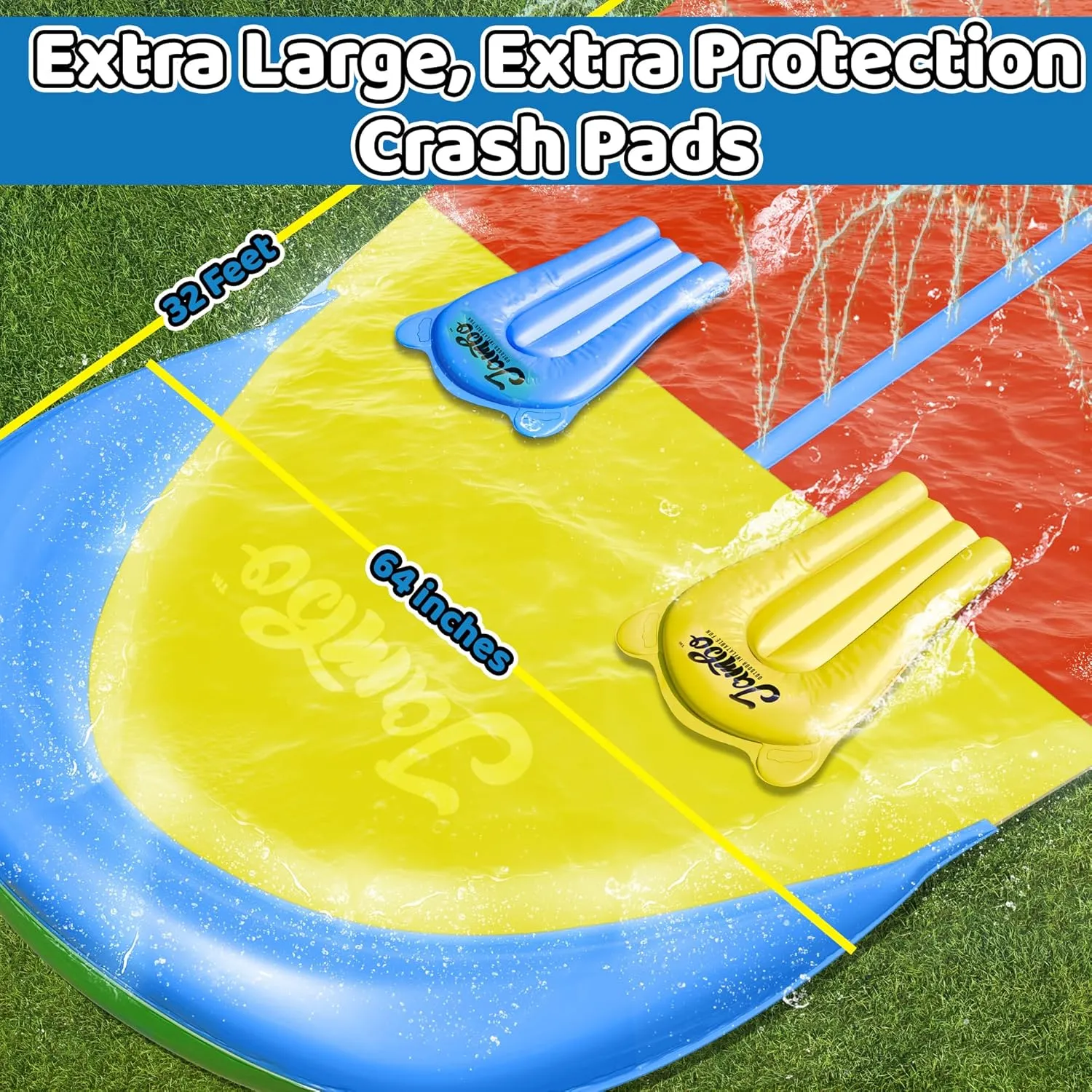 JAMBO 32FT Extra Extra Long Slip Splash and Slide and 2 Bodyboards, Heavy Duty Water Slide with Inflatable Crash Pad, Double Lane Slip Slides, Outdoor Backyard Water Slides n Toys for Kids