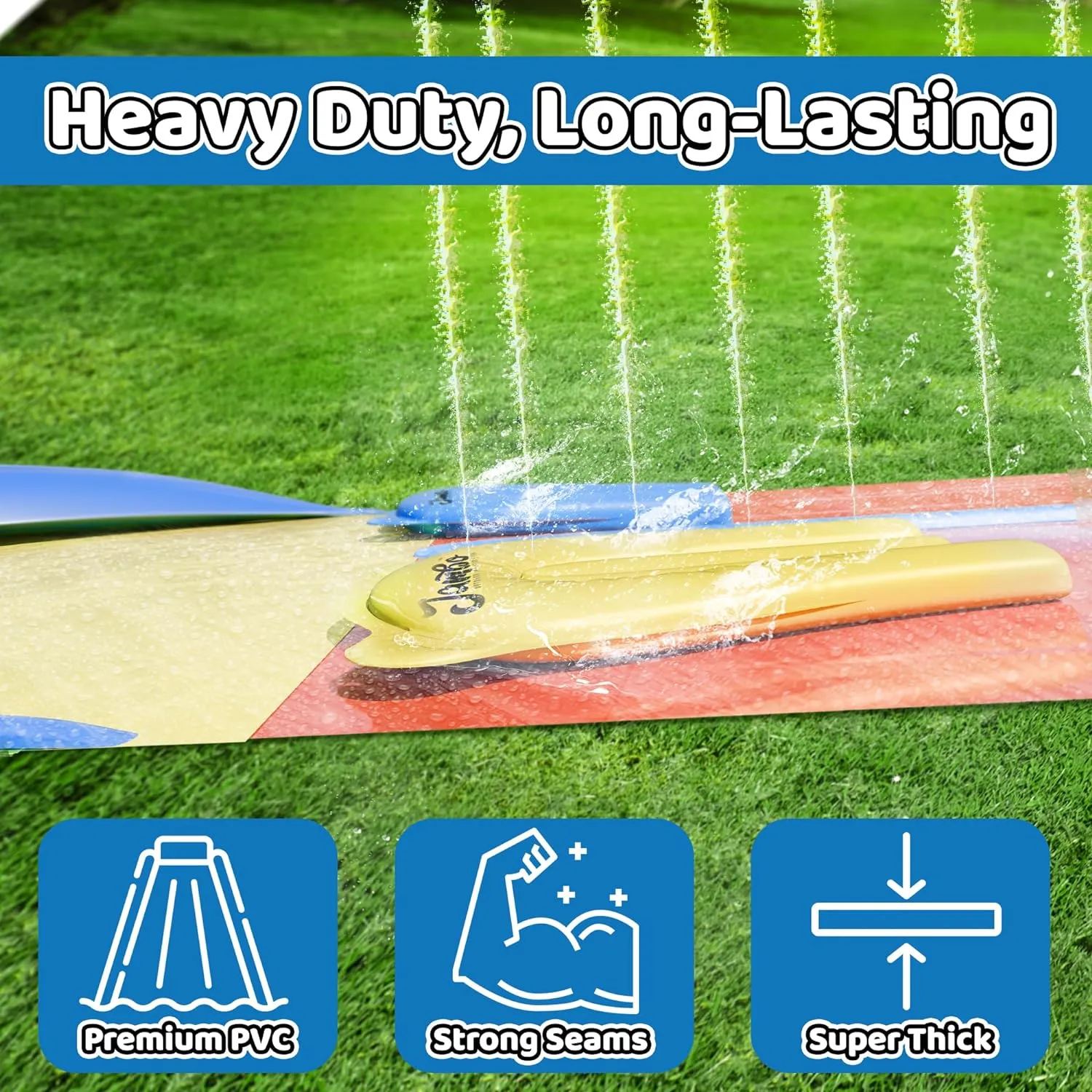 JAMBO 32FT Extra Extra Long Slip Splash and Slide and 2 Bodyboards, Heavy Duty Water Slide with Inflatable Crash Pad, Double Lane Slip Slides, Outdoor Backyard Water Slides n Toys for Kids