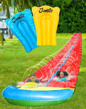 JAMBO 32FT Extra Extra Long Slip Splash and Slide and 2 Bodyboards, Heavy Duty Water Slide with Inflatable Crash Pad, Double Lane Slip Slides, Outdoor Backyard Water Slides n Toys for Kids