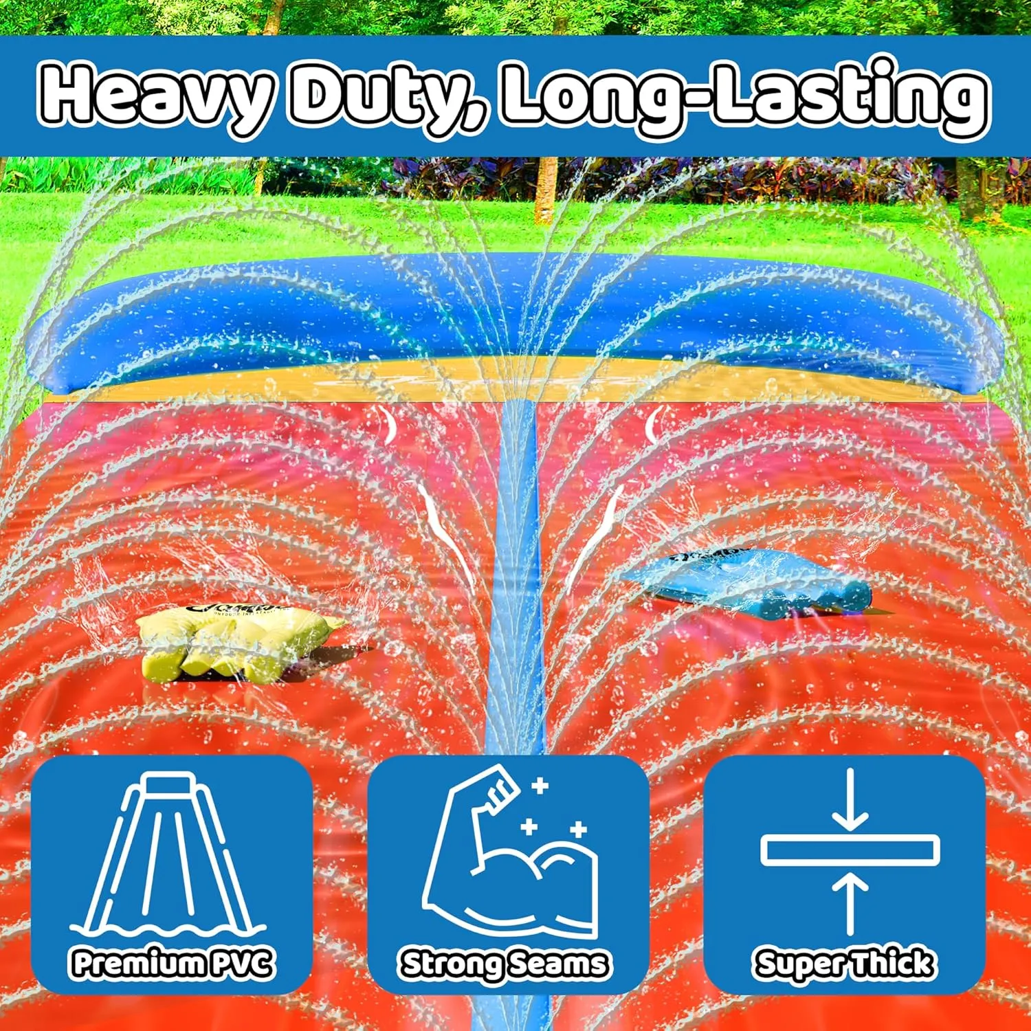 JAMBO 32FT Extra Extra Long Slip Splash and Slide and 2 Bodyboards, Heavy Duty Water Slide with Inflatable Crash Pad, Double Lane Slip Slides, Outdoor Backyard Water Slides n Toys for Kids