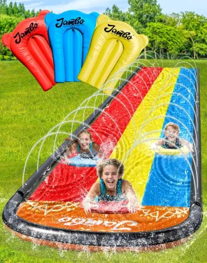 JAMBO Premium Triple Water Slide and 3 Bodyboards, Updated Model Slip Splash and Slide Heavy Duty Water Slides- 3-Way Sprinkler System, Splash Mat Pad, Backyard Outdoor Water Toys n Slides for Kids