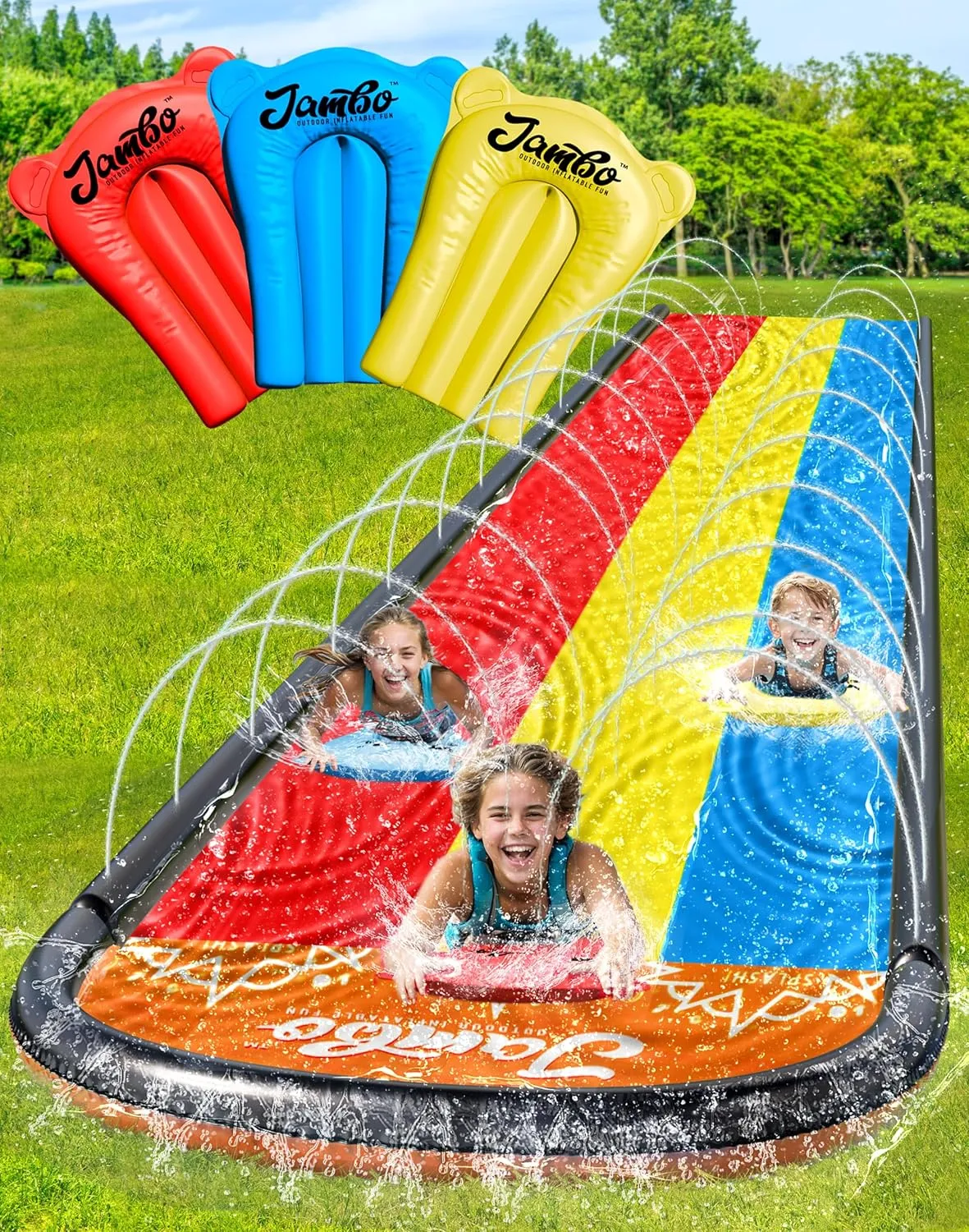 JAMBO Premium Triple Water Slide and 3 Bodyboards, Updated Model Slip Splash and Slide Heavy Duty Water Slides- 3-Way Sprinkler System, Splash Mat Pad, Backyard Outdoor Water Toys n Slides for Kids
