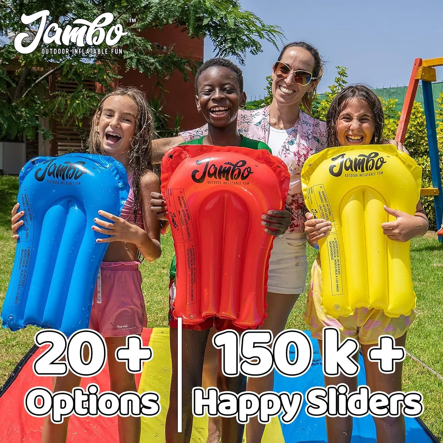 JAMBO Premium Triple Water Slide and 3 Bodyboards, Updated Model Slip Splash and Slide Heavy Duty Water Slides- 3-Way Sprinkler System, Splash Mat Pad, Backyard Outdoor Water Toys n Slides for Kids