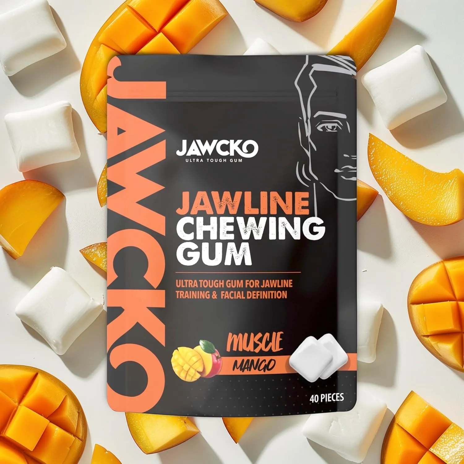 JAWCKO Ultra-Tough Jawline Chewing Gum | Get a Stronger, Squarer Jawline | Mango Jaw Training Hard Gum | 15X Strength | Chisel, Sculpt, Tone your Jawline | Facial Fitness Mewing Gum | 40 Pieces/Pack