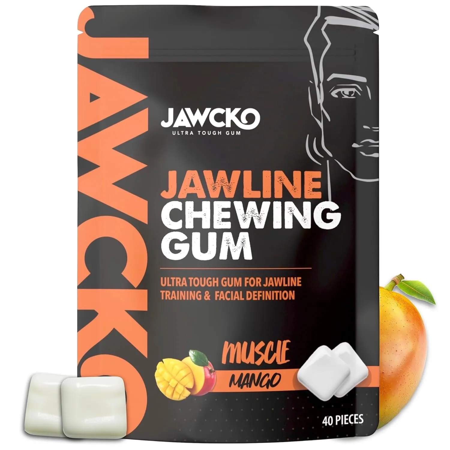 JAWCKO Ultra-Tough Jawline Chewing Gum | Get a Stronger, Squarer Jawline | Mango Jaw Training Hard Gum | 15X Strength | Chisel, Sculpt, Tone your Jawline | Facial Fitness Mewing Gum | 40 Pieces/Pack