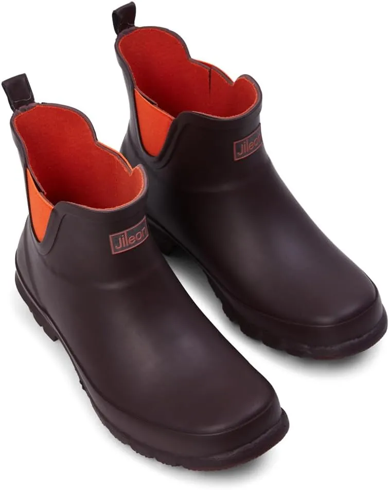 Jileon Womens Ankle Height Waterproof Rubber Rain Boots - Designed For Wide Feet & Wide Calves - Easy to Slip on and Off