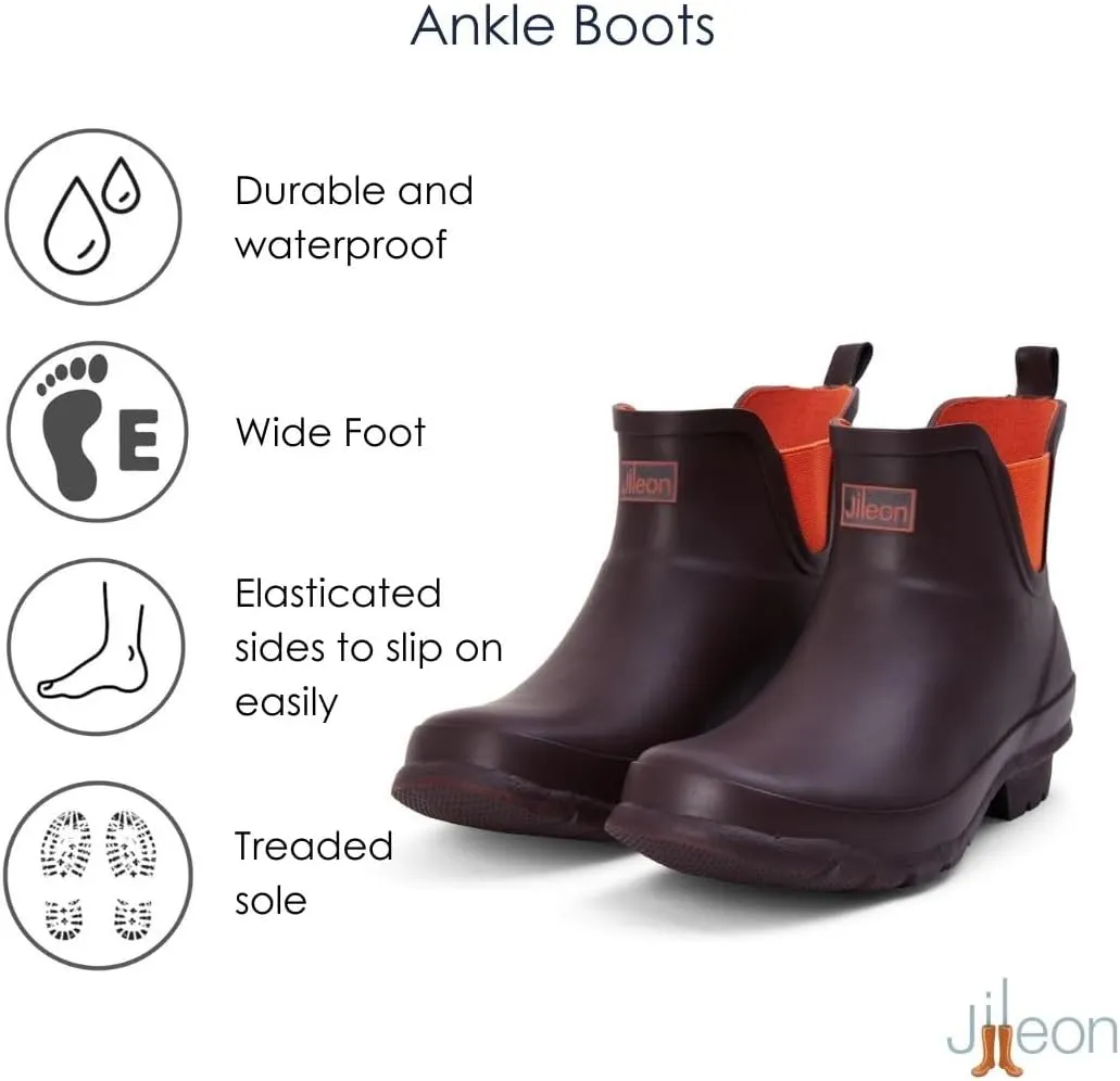 Jileon Womens Ankle Height Waterproof Rubber Rain Boots - Designed For Wide Feet & Wide Calves - Easy to Slip on and Off