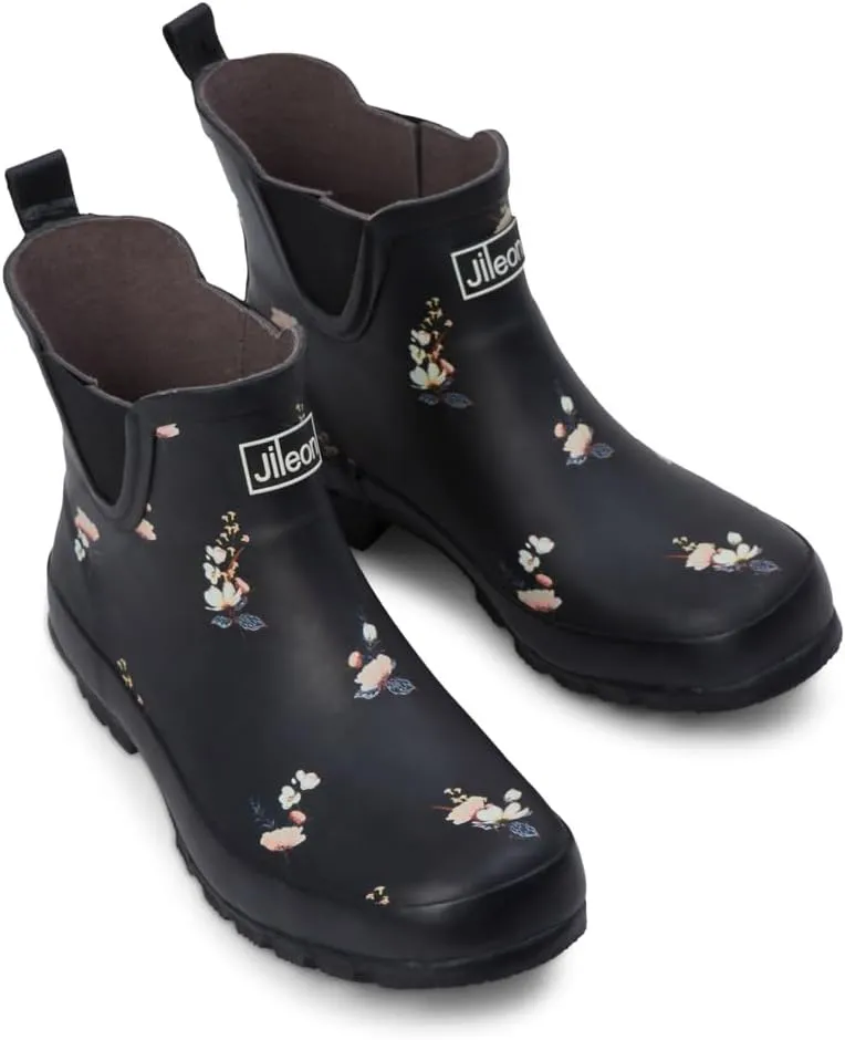 Jileon Womens Ankle Height Waterproof Rubber Rain Boots - Designed For Wide Feet & Wide Calves - Easy to Slip on and Off