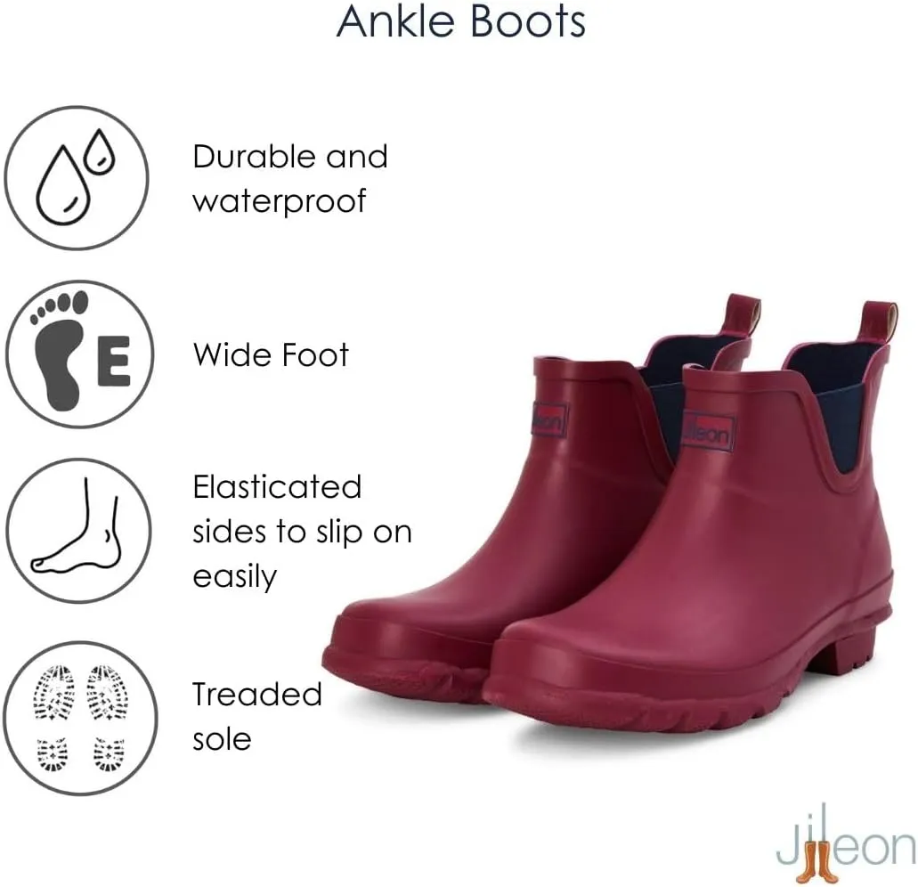 Jileon Womens Ankle Height Waterproof Rubber Rain Boots - Designed For Wide Feet & Wide Calves - Easy to Slip on and Off